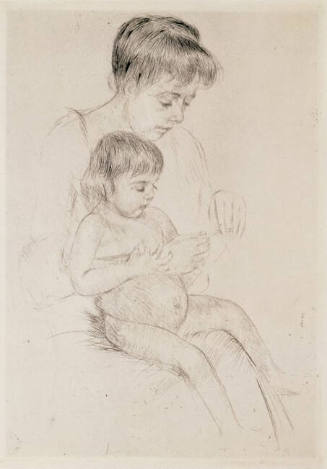 A print of a seated woman holding a naked child on her lap with her arm wrapped around the chil…