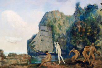 Five bathers on a rocky beach with a schooner anchored close to shore.