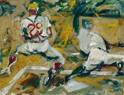 An action painting of two baseball players caught in a moment of heightened anticipation as one…