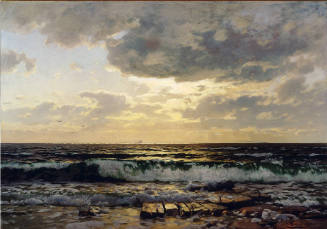 A seascape of waves rushing over wooden planks washed ashore with the sun breaking through the …
