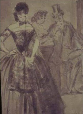 Scene with two women and a man in a top hat in an interior. The woman at left is in foreground …