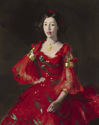 
Three-quarter length portrait of a seated young woman wearing a red dress with green and gold…