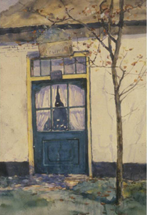 A blue cottage door with six glass panes and a transom window to the left of a slender tree. 