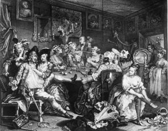 A tavern scene with of figures engaging in conversation, theft, and other debaucheries.