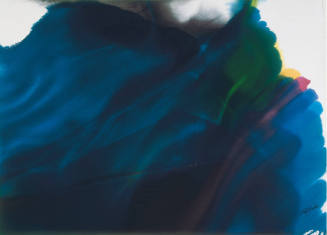 A non-objective watercolor with washes of color, mostly blue, with diagonal streams of green, y…