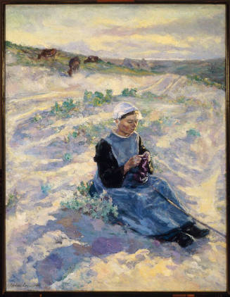 A young girl knitting in the foreground sits on a tuft of grass in a sand dune near grazing cow…