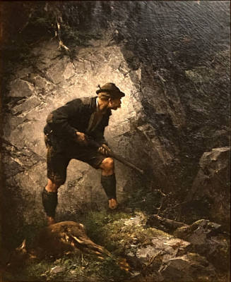 A painting of a man, a poacher, carrying his gun and crouching behind a rockface with his catch…