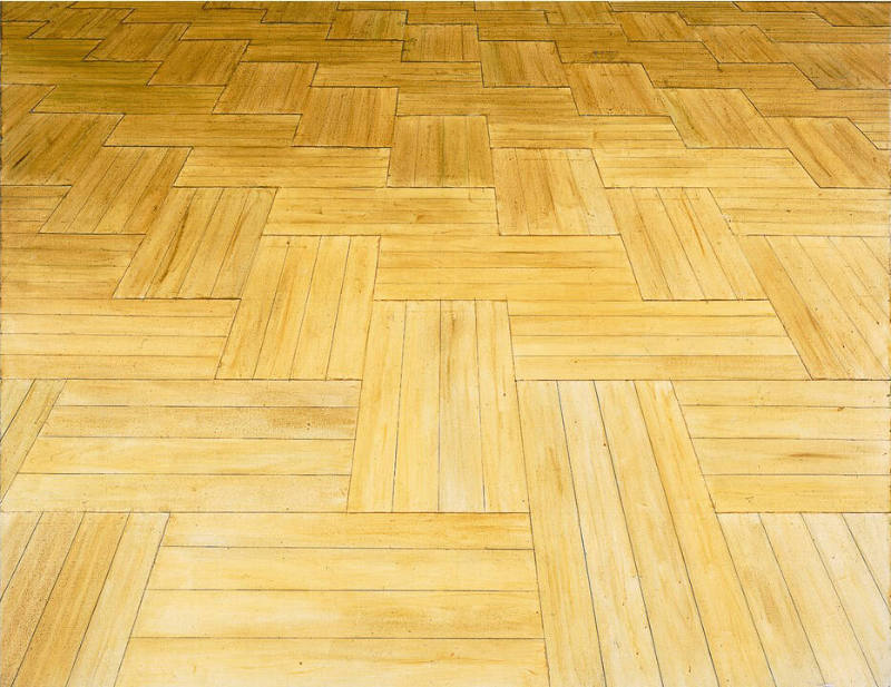 A high-horizon, close-up perspectival image of a parquet wood floor.