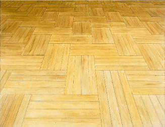 A high-horizon, close-up perspectival image of a parquet wood floor.