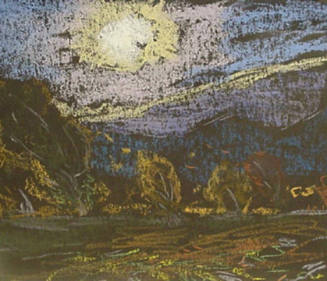 Rendition of a landscape on black paper with the use of bright colors by the artist. A lavender…