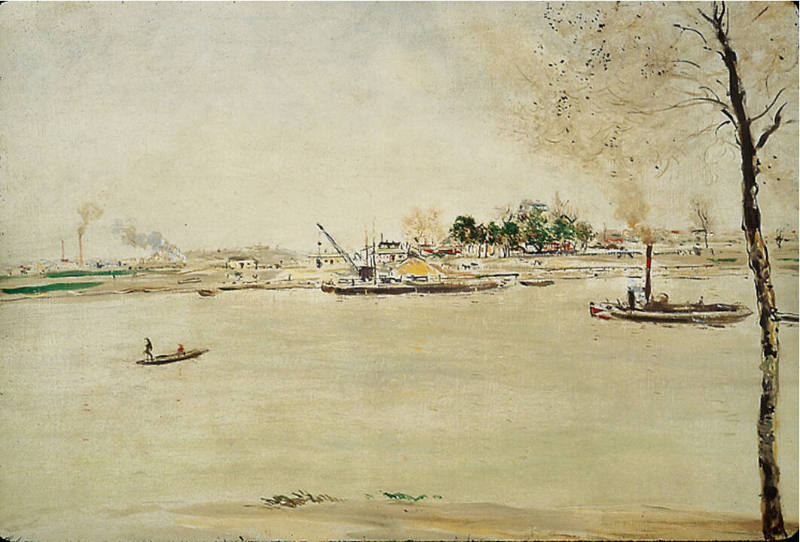 View of the river Seine with steam boats and a tree in the right foreground. 