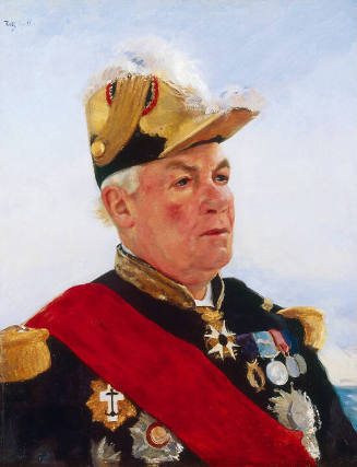 Portrait of a man in a uniform with a plumed hat, red sash and several medals.