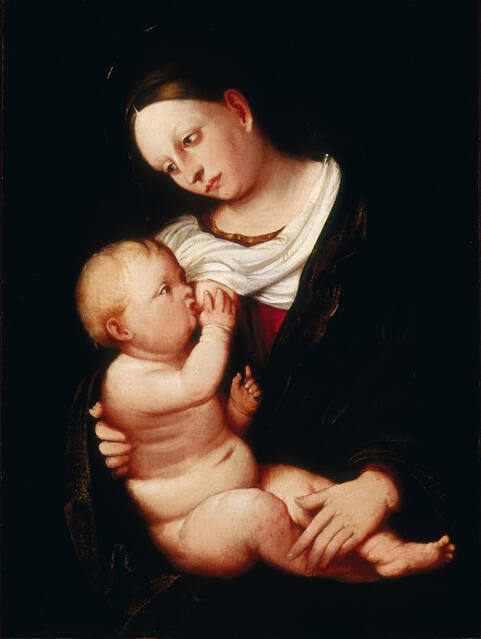 The painting depicts a Madonna with nursing child. 