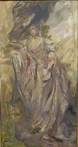 Full length portrait of a standing lady in a floor length pink dress and a gray hat.
