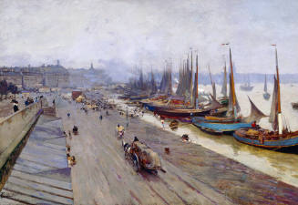 A view of a quay with multicolored boats moored on the right and populated with horse drawn car…