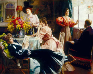 An interior scene with four women and one man engaging in various activities in a cozy room. 