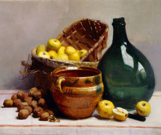 Still life of yellow apples in a basket, a bulbous, green bottle, clay vessel and scattered nut…