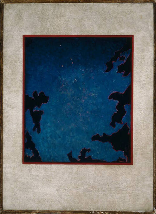 An oil painting of a blue ground littered with white stars with red outlined black forms, leave…