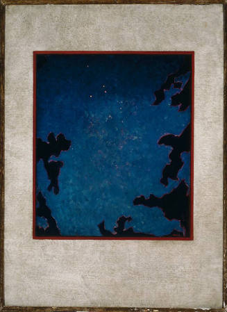 An oil painting of a blue ground littered with white stars with red outlined black forms, leave…