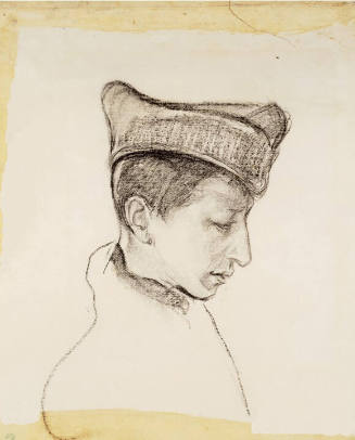 A pencil and charcoal drawing of a soldier in profile facing the right with his head downturned…