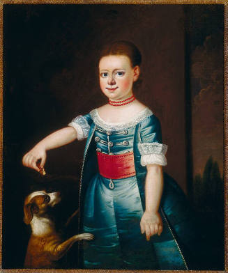 Three-quarter length portrait of a standing child in a blue dress with a red sash, buttons acro…