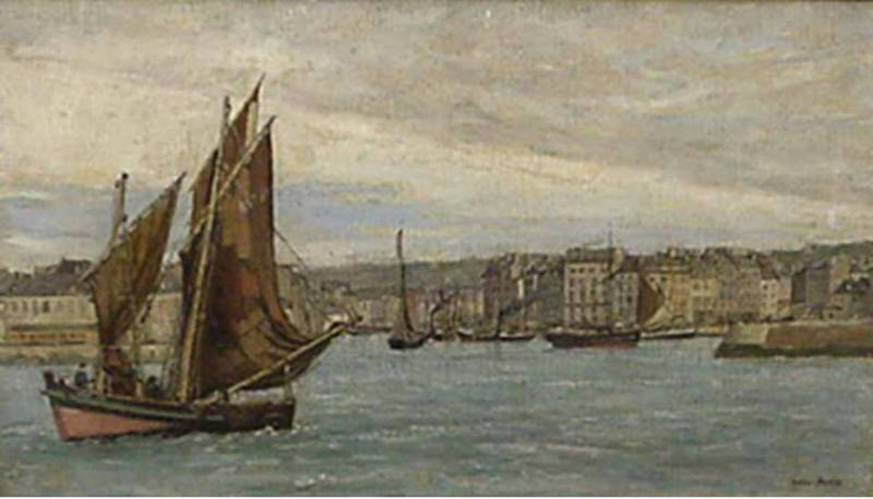 A view of a harbor with a sailboat in in the foreground.