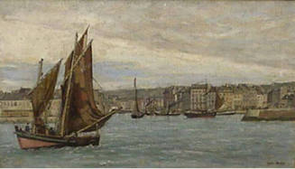 A view of a harbor with a sailboat in in the foreground.