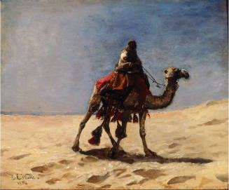 A desert scene with a camel and a rider in the center. 