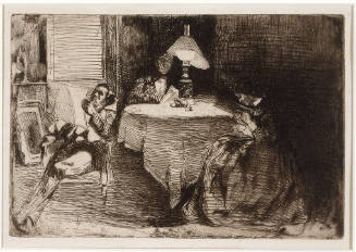 An etching of a man and woman reading books at a round cloth covered table which holds a lamp. …