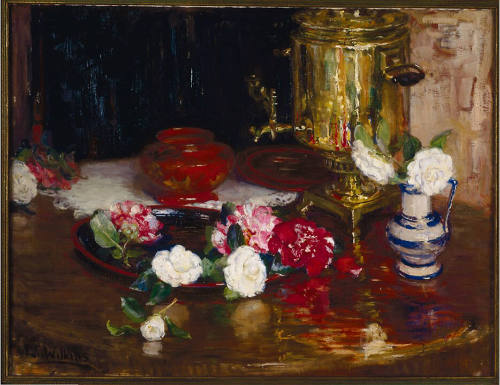 Still life of white, pink, and red camellias scattered over a table and on a red plate. Two whi…