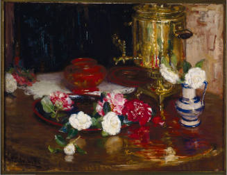 Still life of white, pink, and red camellias scattered over a table and on a red plate. Two whi…
