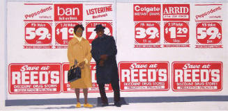 A painting of an African-American couple standing in front of a wall plastered with red and whi…