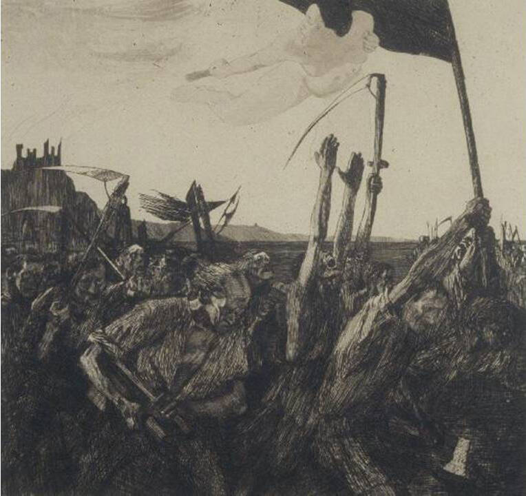 A mob of peasants carrying worn flags and sickles.