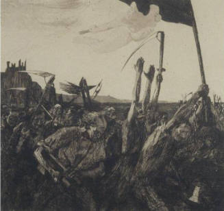 A mob of peasants carrying worn flags and sickles.
