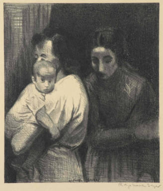A lithograph of two women, one holding an infant. 