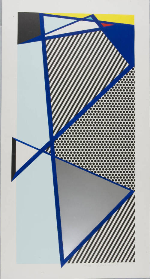 A printed composition of geometric shapes created by intersecting blue lines containing blue, r…