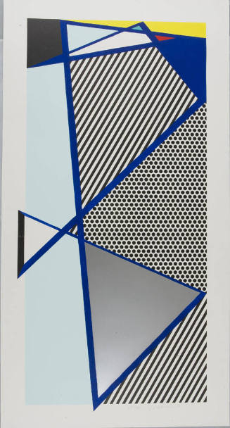 A printed composition of geometric shapes created by intersecting blue lines containing blue, r…