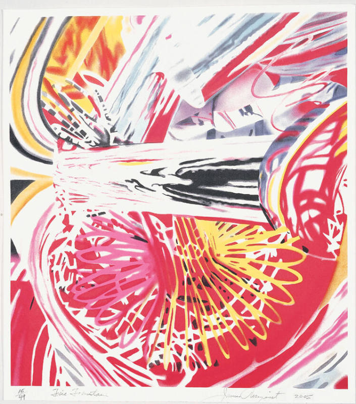 A blending of red, yellow, white and black swirls and lines.

