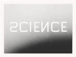 A gray gradated painting with the word "science" written across the center with the "s" and "n"…