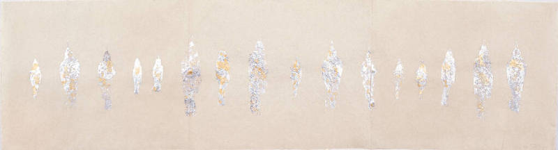A painting of ghostly human figures "stamped" in varying sizes in a row.

