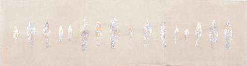 A painting of ghostly human figures "stamped" in varying sizes in a row.

