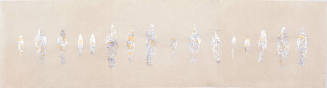 A painting of ghostly human figures "stamped" in varying sizes in a row.

