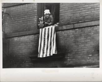 A black and white photograph of a woman leaning out of her window with a flower pot to her righ…