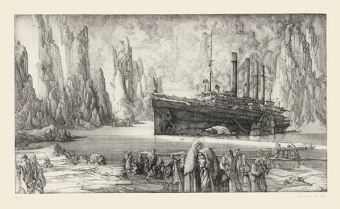 A steam liner anchored just off-shore in a land shaped by towering rock formations with a line …