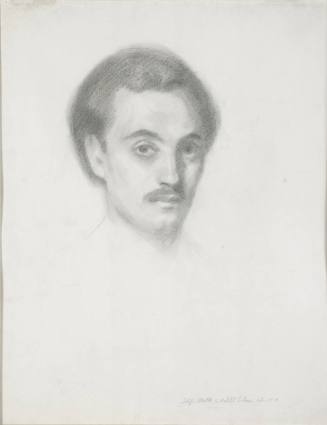The front of a double-sided drawing featuring a self-portrait - a man's head with dark hair, da…