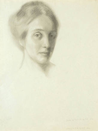 The reverse of a double-sided drawing featuring a portrait of Mary Haskell, a woman with her he…