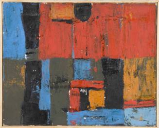 A painting composed of juxtaposed red, black, yellow, blue, and gray geometric shapes.