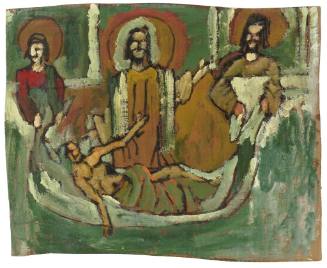 A painting Jesus Christ flanked by two disciples and a third, recumbent figure lying in slung c…