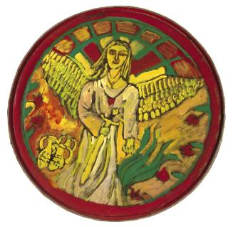 A circular painting of an angel holding a sword in the center with three yellow jugs on the lef…