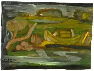 A painting depicting a yellow boat or ark in an impressionistic landscape in which muddy greens…